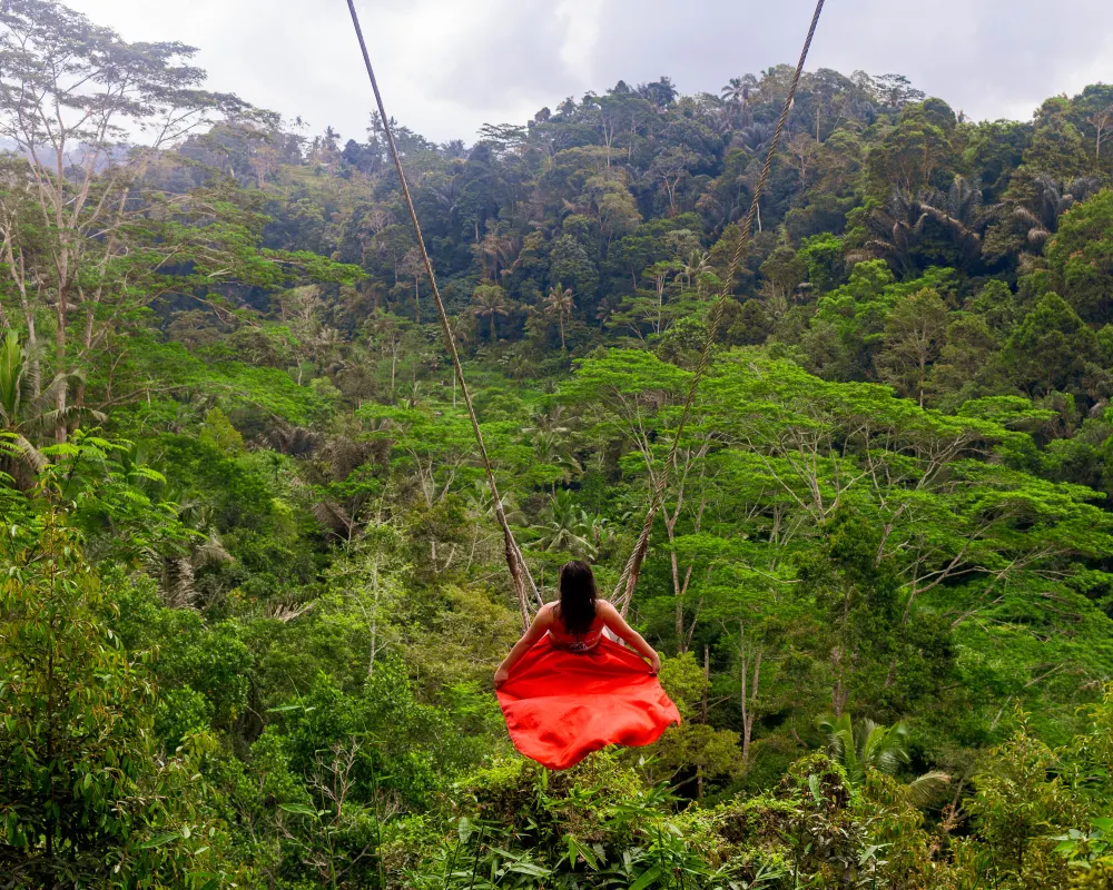 A traveller in a red dress on a jungle swing high above the treetops in Bali, seen from behind